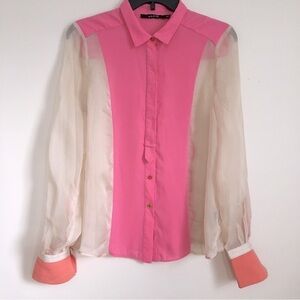 Ark & Co. Sheer button down Long Sleeve Pink Cream color block Blouse shirt